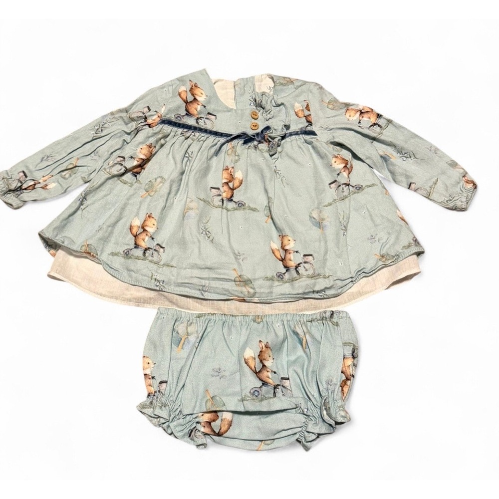 Yoedu Baby Girl Outfit Set 18M Fox Print Top Bloomer Blue Cottagecore Cute
